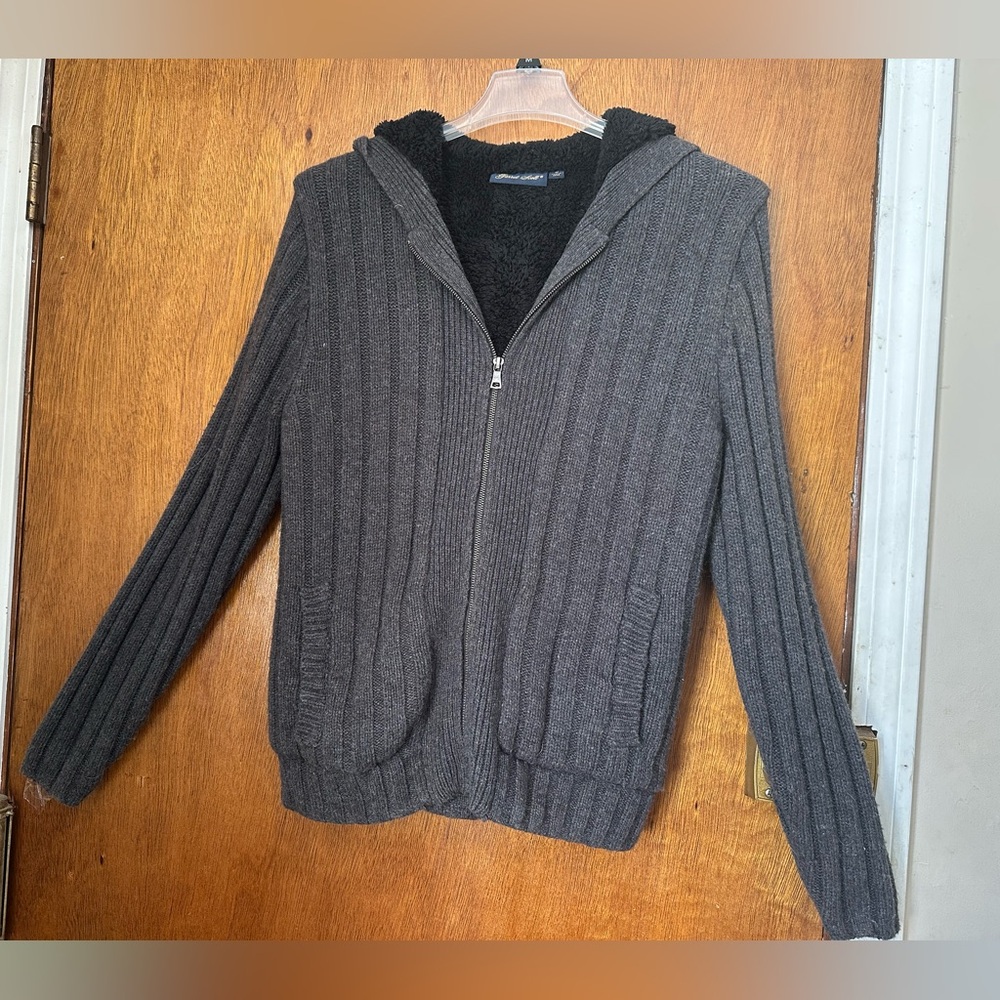 GARRETT SCOTT Sweater Mens Med Gray Sherpa Lined Hooded Full Zipper Cable Knit